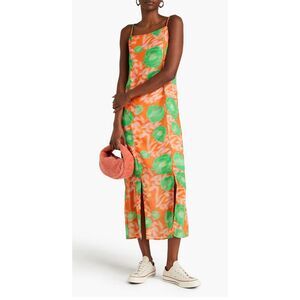 GANNI Orange Printed Slip Midi Dress